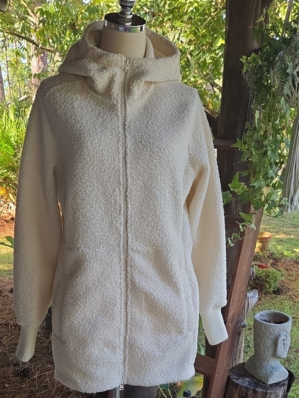Lands' End Cream Boucle Knit Hooded Zip Front Jacket Size Medium